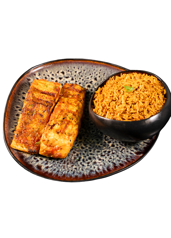 Grilled Salmon Fish (Served with Jollof rice or Fried rice)
